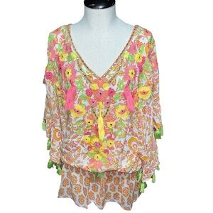 Miss June Paris mini dress tassels colorful one size embellishments pink boho